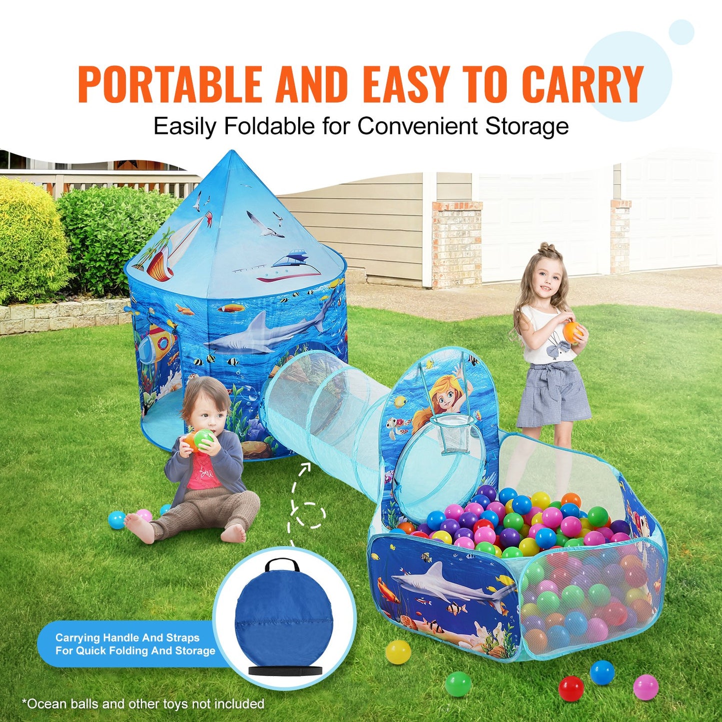 3-i-1-lekstält för barn med tunnel, basketkorg för pojkar, flickor, spädbarn och småbarn, popup-lekstuga för inomhus/utomhus med bärväska och remmar, födelsedagspresenter, Blue Ocean