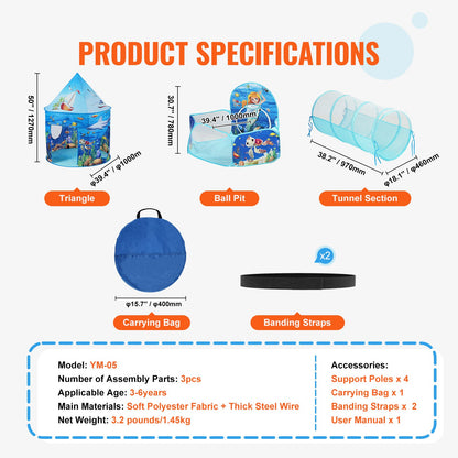 3-i-1-lekstält för barn med tunnel, basketkorg för pojkar, flickor, spädbarn och småbarn, popup-lekstuga för inomhus/utomhus med bärväska och remmar, födelsedagspresenter, Blue Ocean