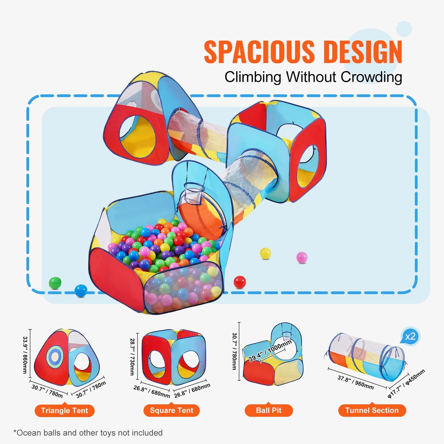 5 in 1 Kids Play Tent with Tunnel, Basketball Hoop for Boys, Girls, Babies and Toddlers, Indoor/Outdoor Pop Up Playhouse with Carrying Bag & Banding Straps Birthday Gifts, Red/Yellow/Blue