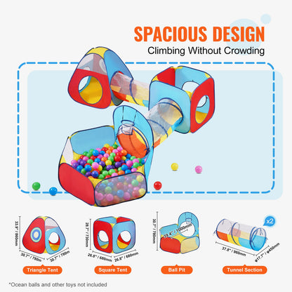 5 in 1 Kids Play Tent with Tunnel, Basketball Hoop for Boys, Girls, Babies and Toddlers, Indoor/Outdoor Pop Up Playhouse with Carrying Bag & Banding Straps Birthday Gifts, Red/Yellow/Blue