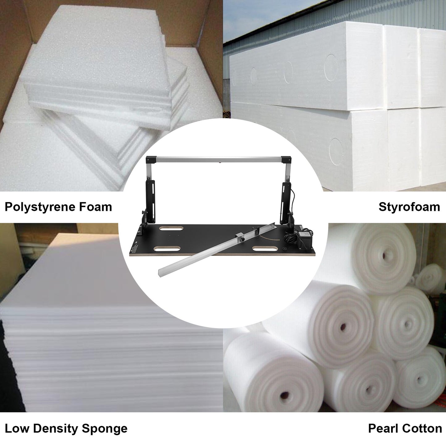 Bordsmaskin för frigolit 42 cm max. skärtjocklek Skumskärare 112 cm max. skärlängd Skumskärare med het tråd 0-90° frigolitskärare med sex värmetrådar för skärning av skum i pärlbomull