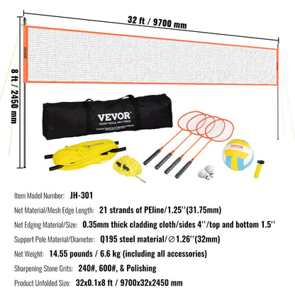 Volleyball and Badminton Set, Outdoor Portable Badminton Net, Adjustable Height Steel Poles, Professional Combo Set with PVC Volleyball, Pump, Carrying Bag, Easy Setup for Backyard Beach Lawn