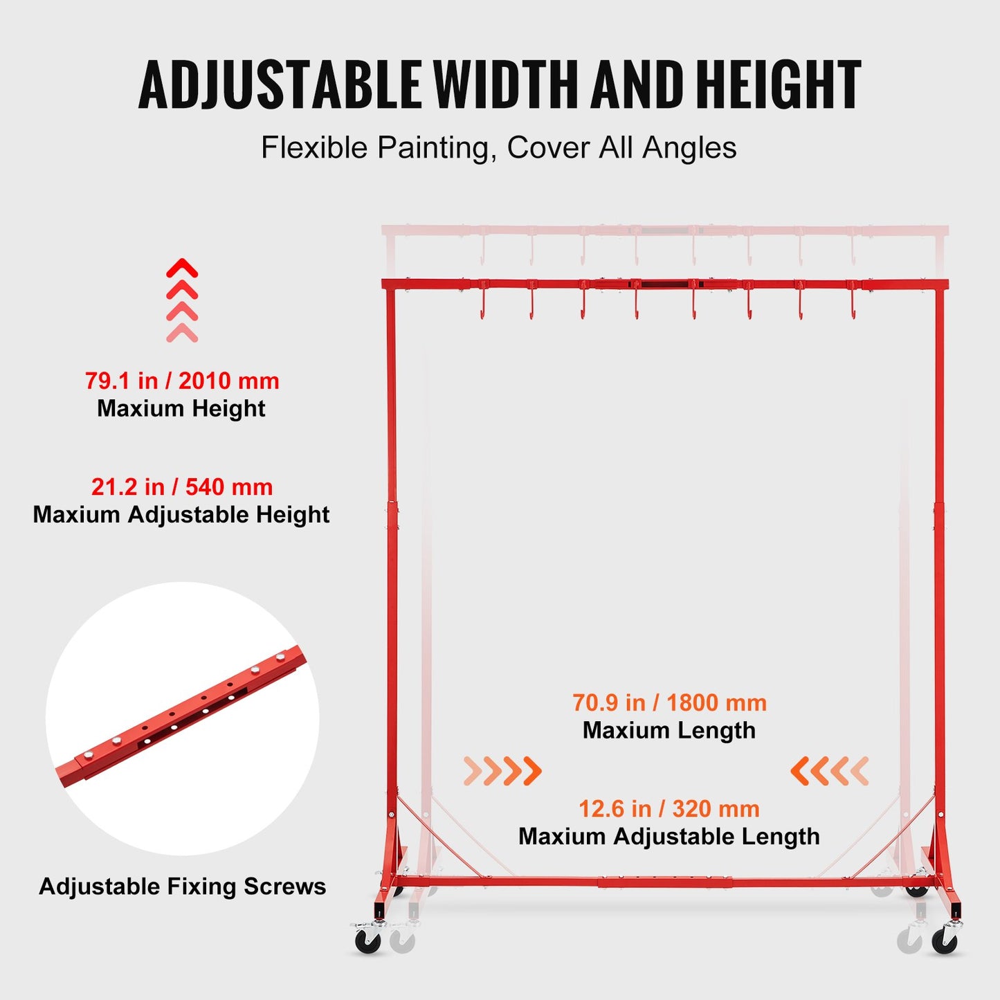 Painting Rack, 5 ft-7 ft Adjustable Height, 66 lbs Capacity Automotive Paint Rack Stand, 8 Hooks Painting Drying Rack with 4 Swiveling Wheels, Auto Body Stand for Auto Repair Shops & Garage