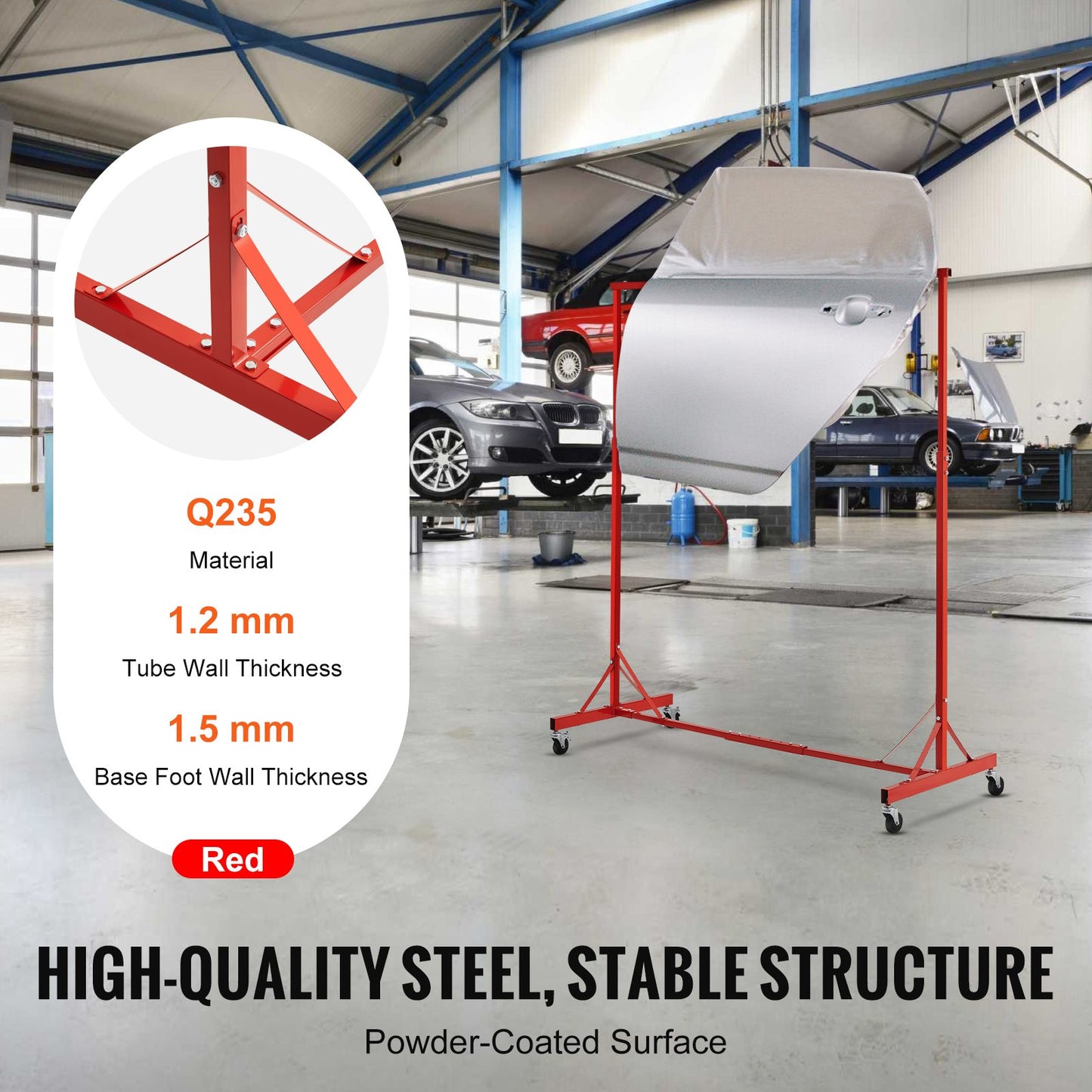 Målningsställ, 1,5-2,1 m justerbar höjd, 30 kg kapacitet för billackering, 8 krokar för målningstork med 4 svängbara hjul, karosseriställ för bilverkstäder och garage
