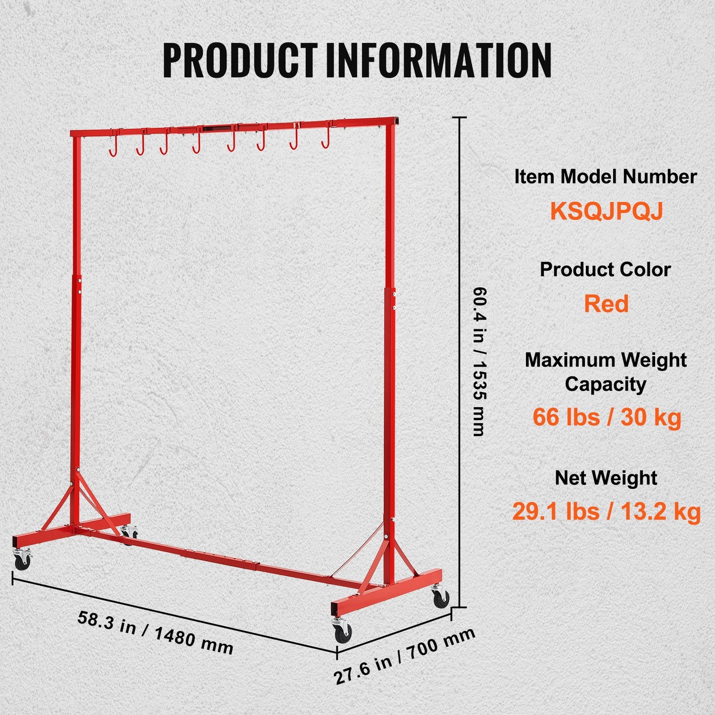 Målningsställ, 1,5-2,1 m justerbar höjd, 30 kg kapacitet för billackering, 8 krokar för målningstork med 4 svängbara hjul, karosseriställ för bilverkstäder och garage