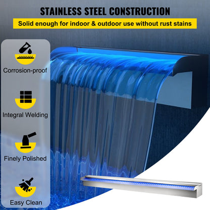 Swimming Pool Waterfall Spillway 120x11.5x8 cm Stainless Steel Swimming Pool Waterfall Fountain with Colorful LED Strip, Hose Connector, Remote Control, Corrosion Resistant for Pond, Outdoor Garden