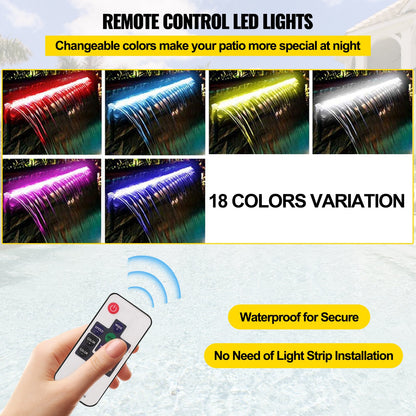 Utlopp för vattenfall i pool 151x11,5x8 cm rostfritt stål, vattenfallsfontän för pool med färgglad LED-remsa, slangkoppling, fjärrkontroll, korrosionsbeständig för damm, utomhusträdgård