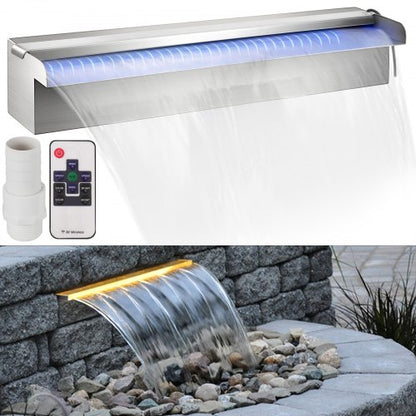Stainless Steel Waterfall Pool Fountain 17.7 x 4.5 x 3.1 Inch Rectangular Pool Fountain with LED Strip Light Constructed Stainless Steel Swimming Pond Waterfall Blade Cascade