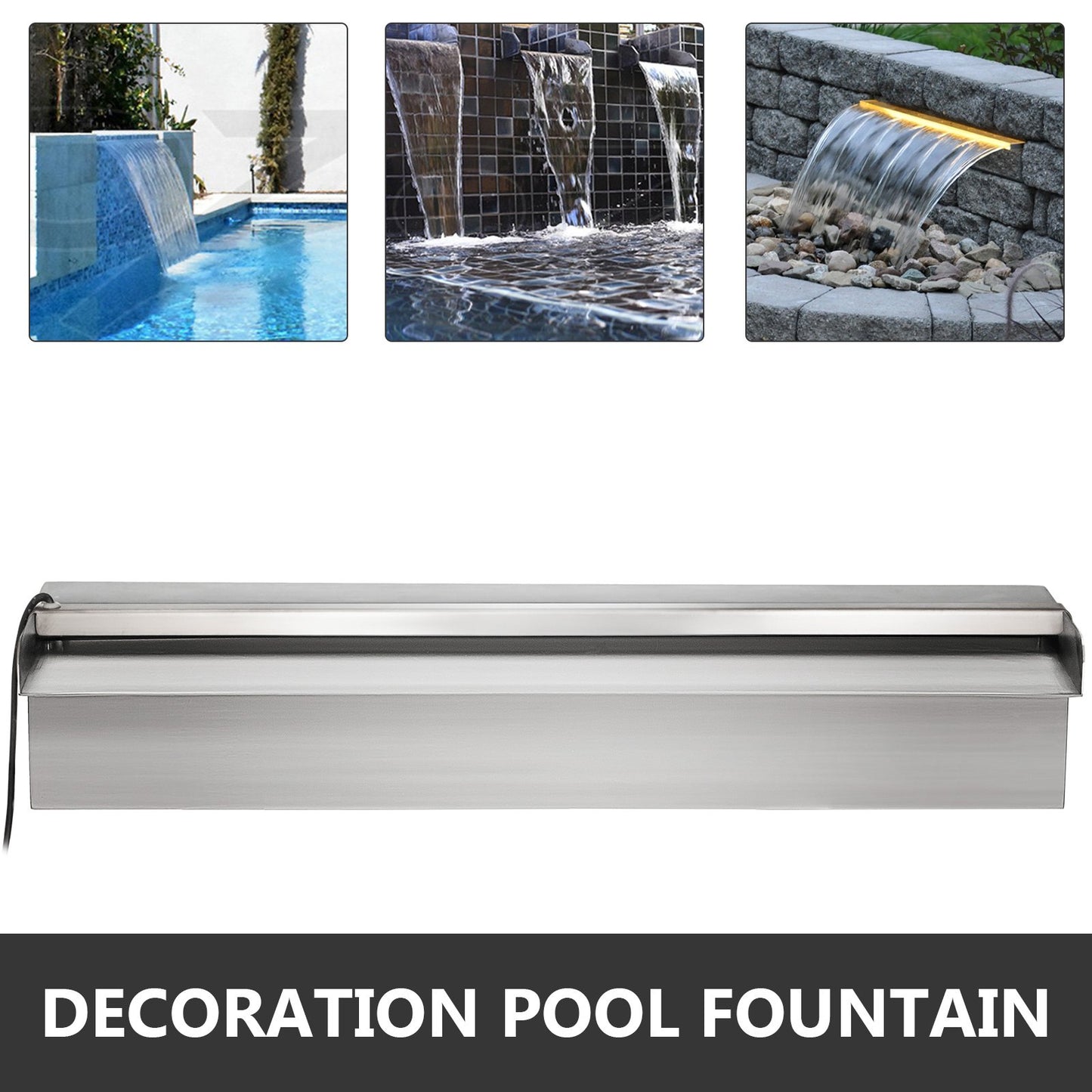 Stainless Steel Waterfall Pool Fountain 17.7 x 4.5 x 3.1 Inch Rectangular Pool Fountain with LED Strip Light Constructed Stainless Steel Swimming Pond Waterfall Blade Cascade