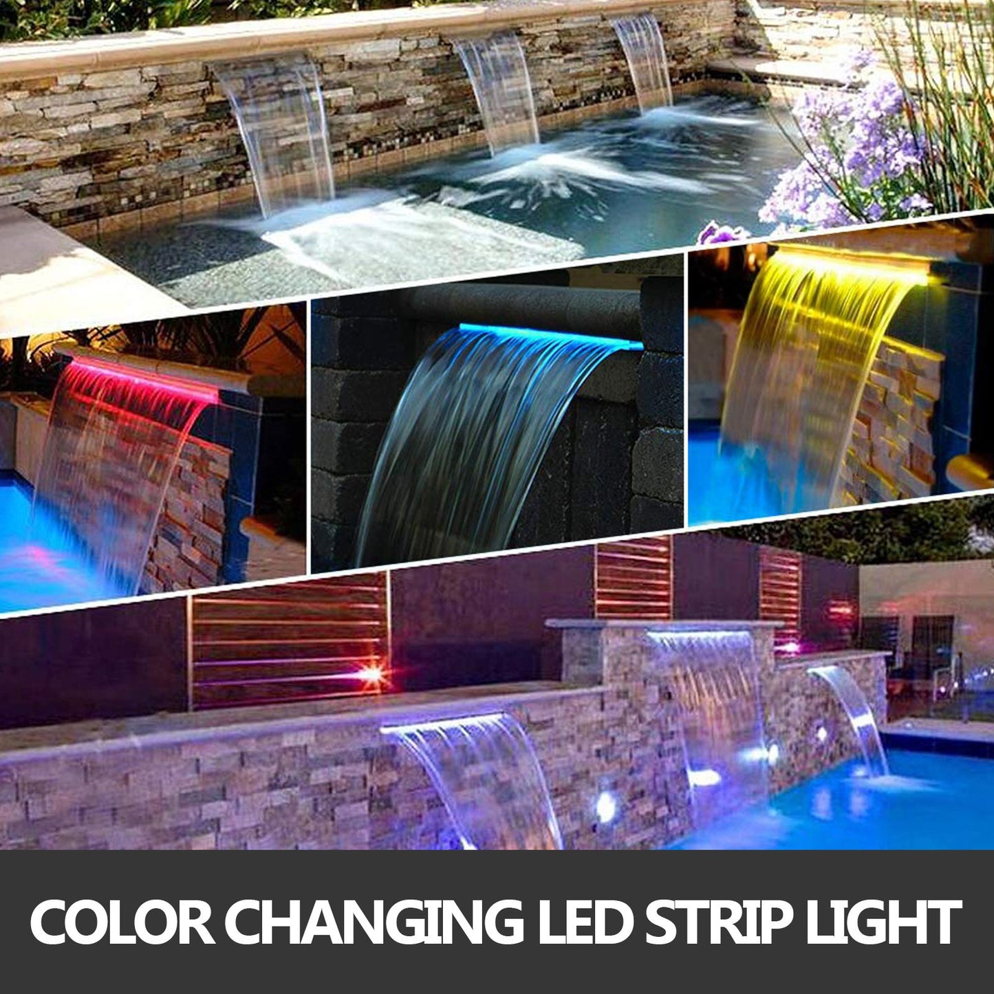 Stainless Steel Waterfall Pool Fountain 17.7 x 4.5 x 3.1 Inch Rectangular Pool Fountain with LED Strip Light Constructed Stainless Steel Swimming Pond Waterfall Blade Cascade