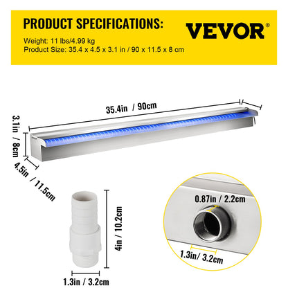 89,5 x 11,5 x 8,6 cm Dekorativ vattenfallsfontän i rostfritt stål med LED-ljusremsa för trädgårdsdamm inomhus och utomhus