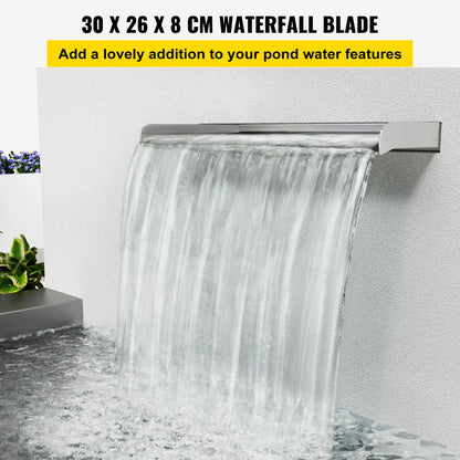 Waterfall Blade, 30cm Stainless Steel Waterfall Spillway, Rectangular Waterfall Pool Fountain, Cascade Blade with Connector, Hose, Clamp & PTFE Tape, Water Blade for Koi Fish Pond, Water Feature