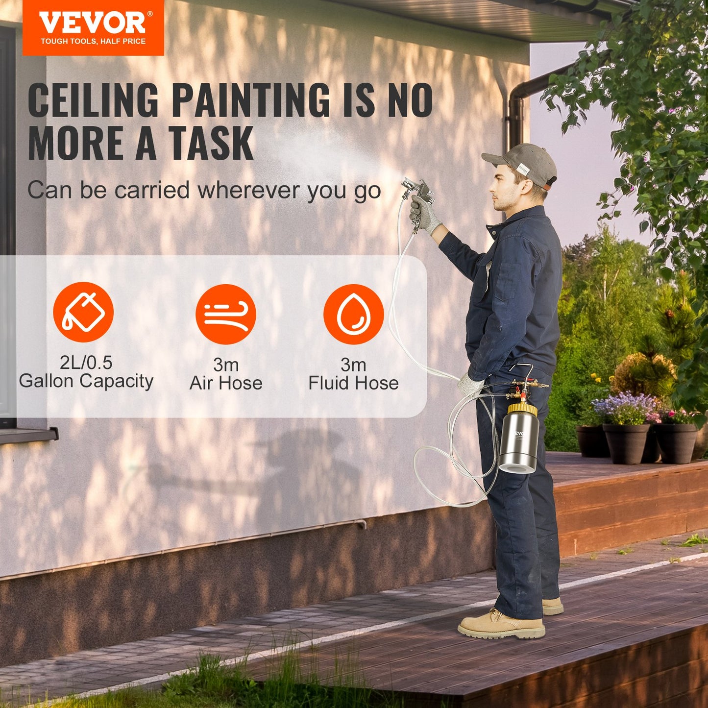 Tryckbehållare för sprayfärg, 2 l/0,5 gal lättviktsluftbehållare för färg, 1,8 mm munstycke för sprayfärg, 3 m slangar för heminredning, arkitektur, byggnation, fordonsmålning, max 45 PSI