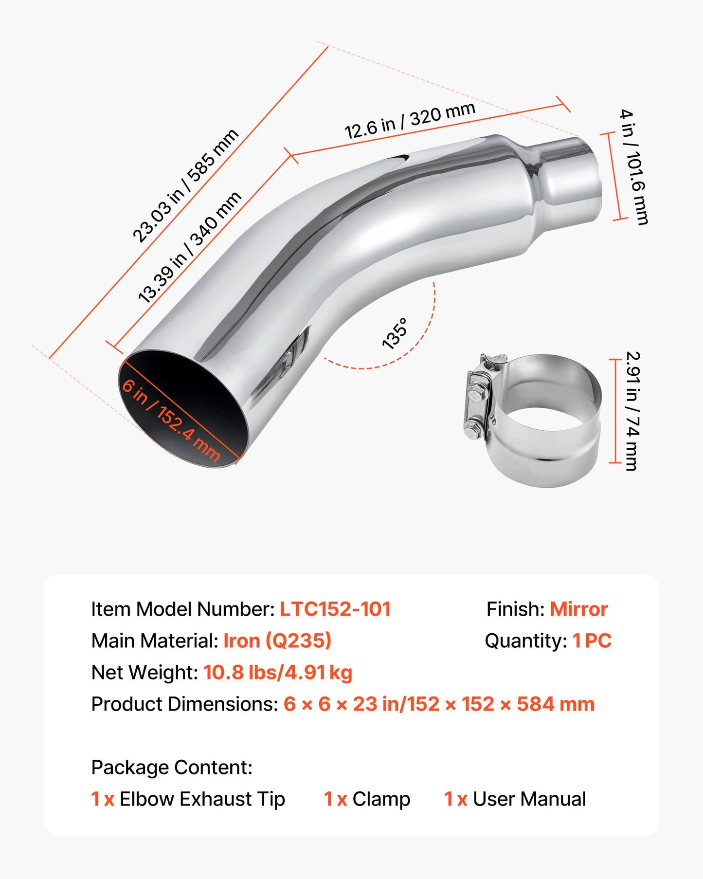 Elbow Exhaust Tip, 101.6mm Inlet, 152.4mm Outlet, 584mm Overall Length, Chrome Turn Down Exhaust Tip with Clamp for Truck/Sedan/Sports Car/SUV, Chrome Structure for High Temperature Resistance