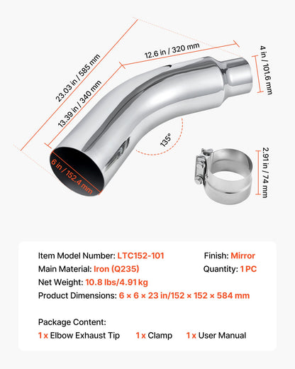 Elbow Exhaust Tip, 101.6mm Inlet, 152.4mm Outlet, 584mm Overall Length, Chrome Turn Down Exhaust Tip with Clamp for Truck/Sedan/Sports Car/SUV, Chrome Structure for High Temperature Resistance