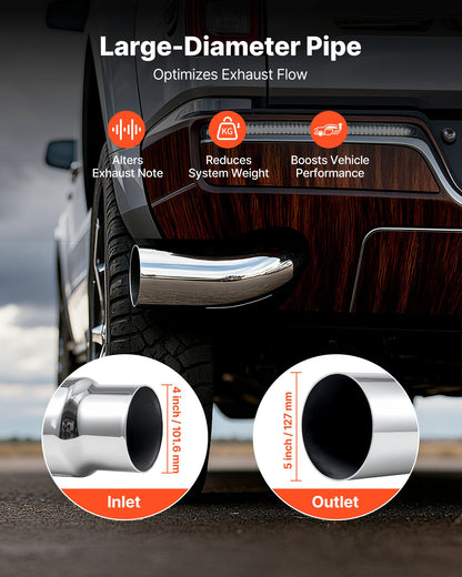 Elbow Exhaust Tip, 101.6mm Inlet, 127mm Outlet, 584mm Overall Length, Chrome Turn Down Exhaust Tip with Clamp for Truck, Sedan, Sports Car, SUV, Chrome Structure for High Temperature Resistance