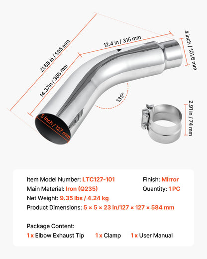 Elbow Exhaust Tip, 101.6mm Inlet, 127mm Outlet, 584mm Overall Length, Chrome Turn Down Exhaust Tip with Clamp for Truck, Sedan, Sports Car, SUV, Chrome Structure for High Temperature Resistance
