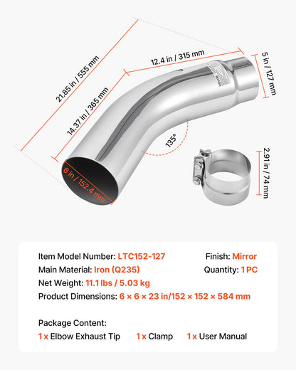 Elbow Exhaust Tip, 127mm Inlet, 152.4mm Outlet, 584mm Overall Length, Chrome Turn Down Exhaust Tip with Clamp for Truck, Sedan, Sports Car, SUV, Chrome Structure for High Temperature Resistance