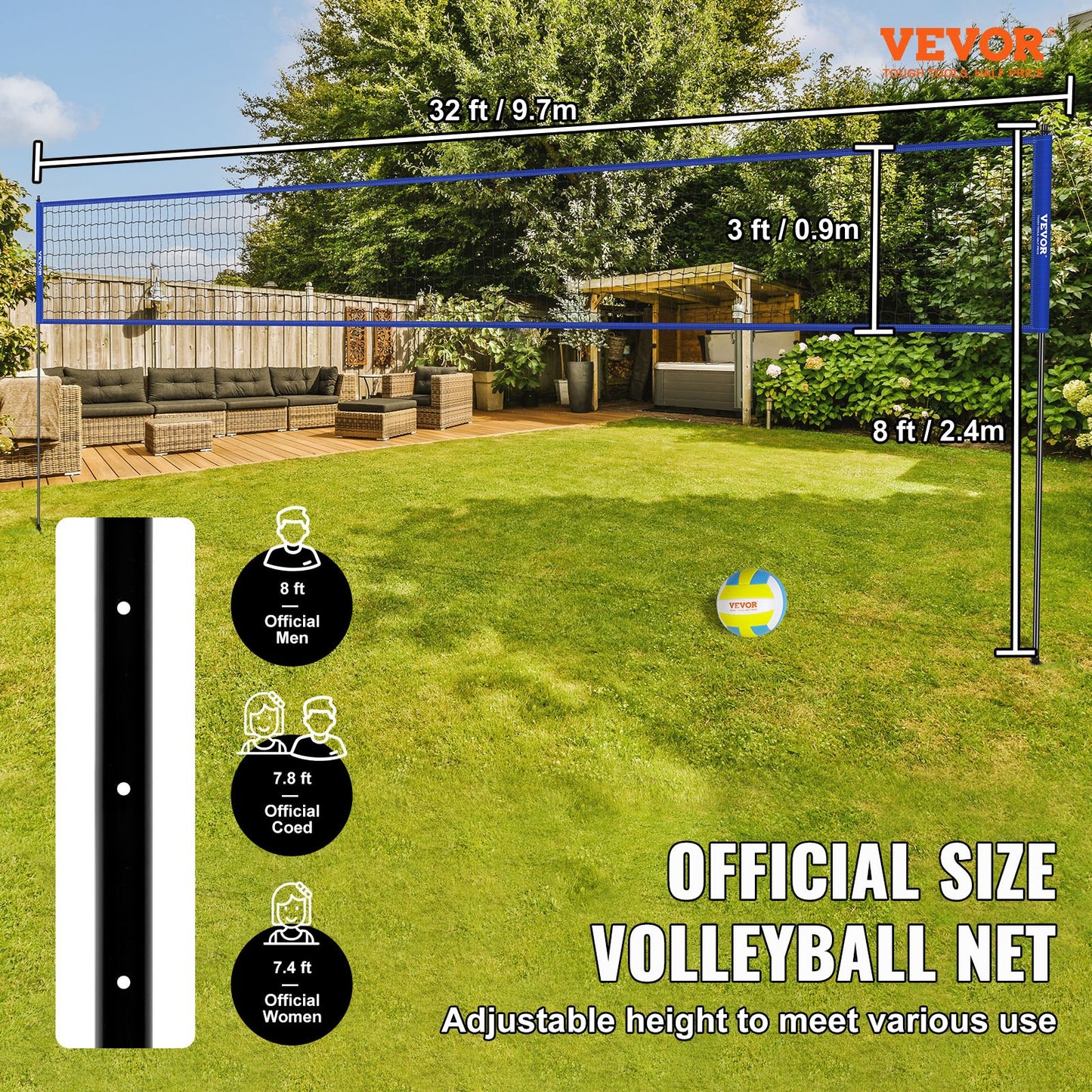Bärbart volleybollnätsystem för utomhusbruk, justerbara stålstänger, professionellt volleybollset med PVC-volleyboll, pump, bärväska, kraftigt volleybollnät för trädgård, strand, gräsmatta