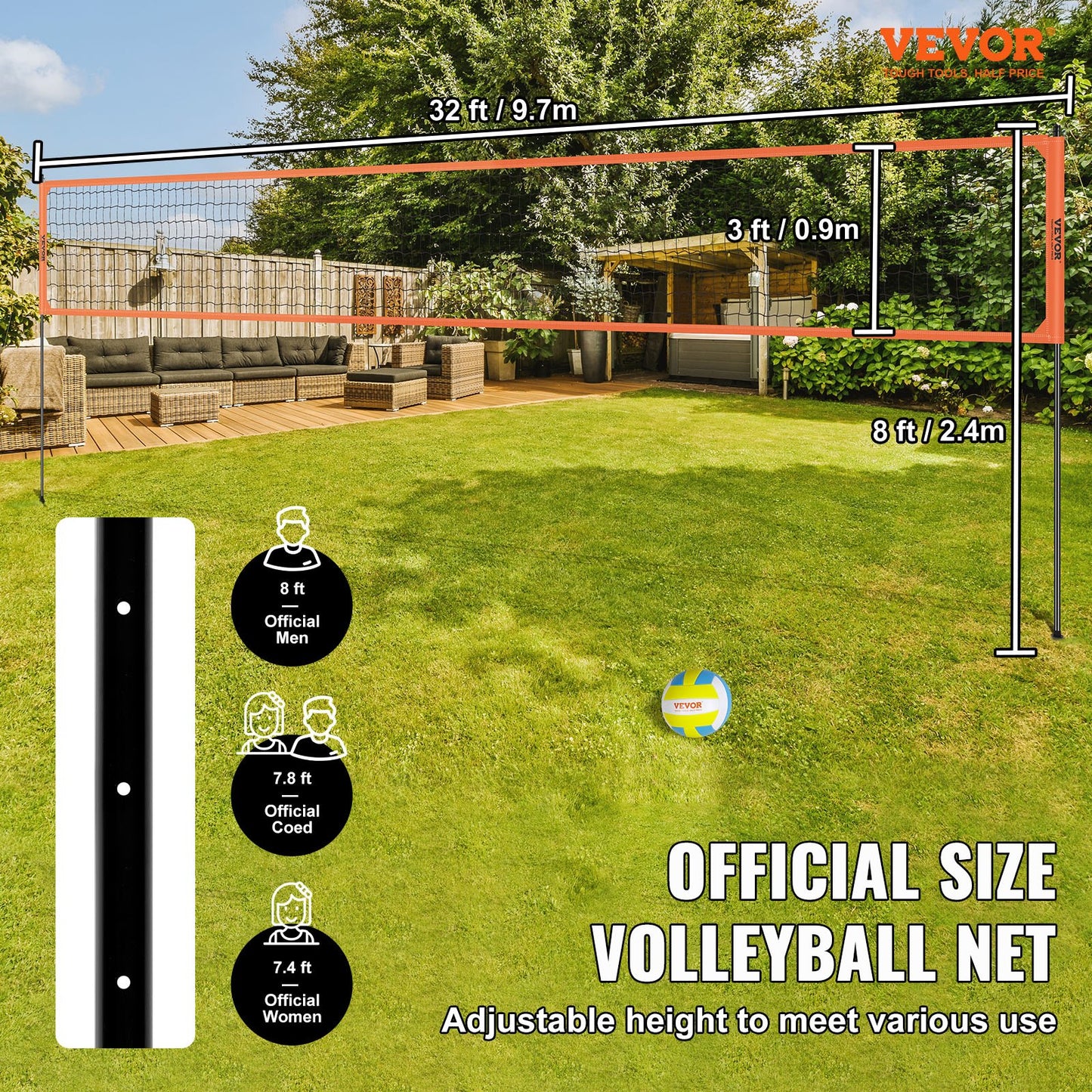 Outdoor Portable Volleyball Net System, Adjustable Height Aluminum Poles, Professional Volleyball Set with PVC Volleyball, Pump, Carrying Bag, Heavy Duty Volleyball Net for Backyard, Beach, Lawn