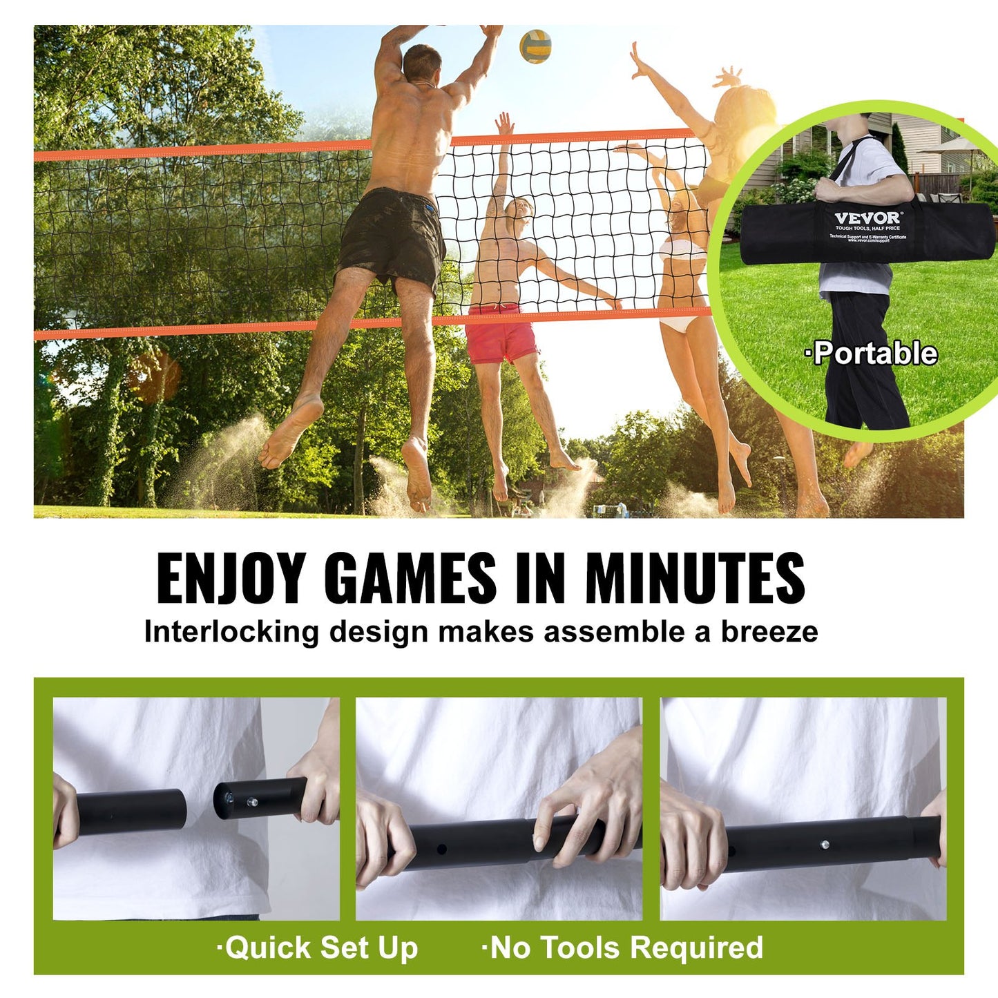 Outdoor Portable Volleyball Net System, Adjustable Height Aluminum Poles, Professional Volleyball Set with PVC Volleyball, Pump, Carrying Bag, Heavy Duty Volleyball Net for Backyard, Beach, Lawn