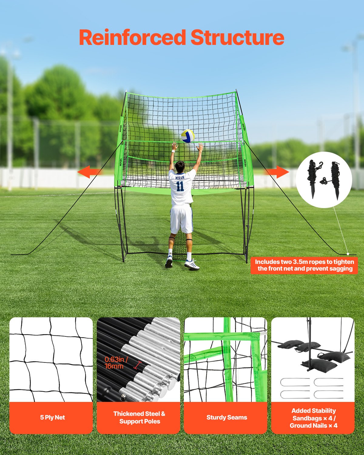 Volleybollträningsnätsystem, fritt höjdjusterbar träningsutrustning med bollretur, 8x11ft bärbar nätstation, enkel installation för bakgård inomhus utomhus servspikning förbättrar noggrannheten