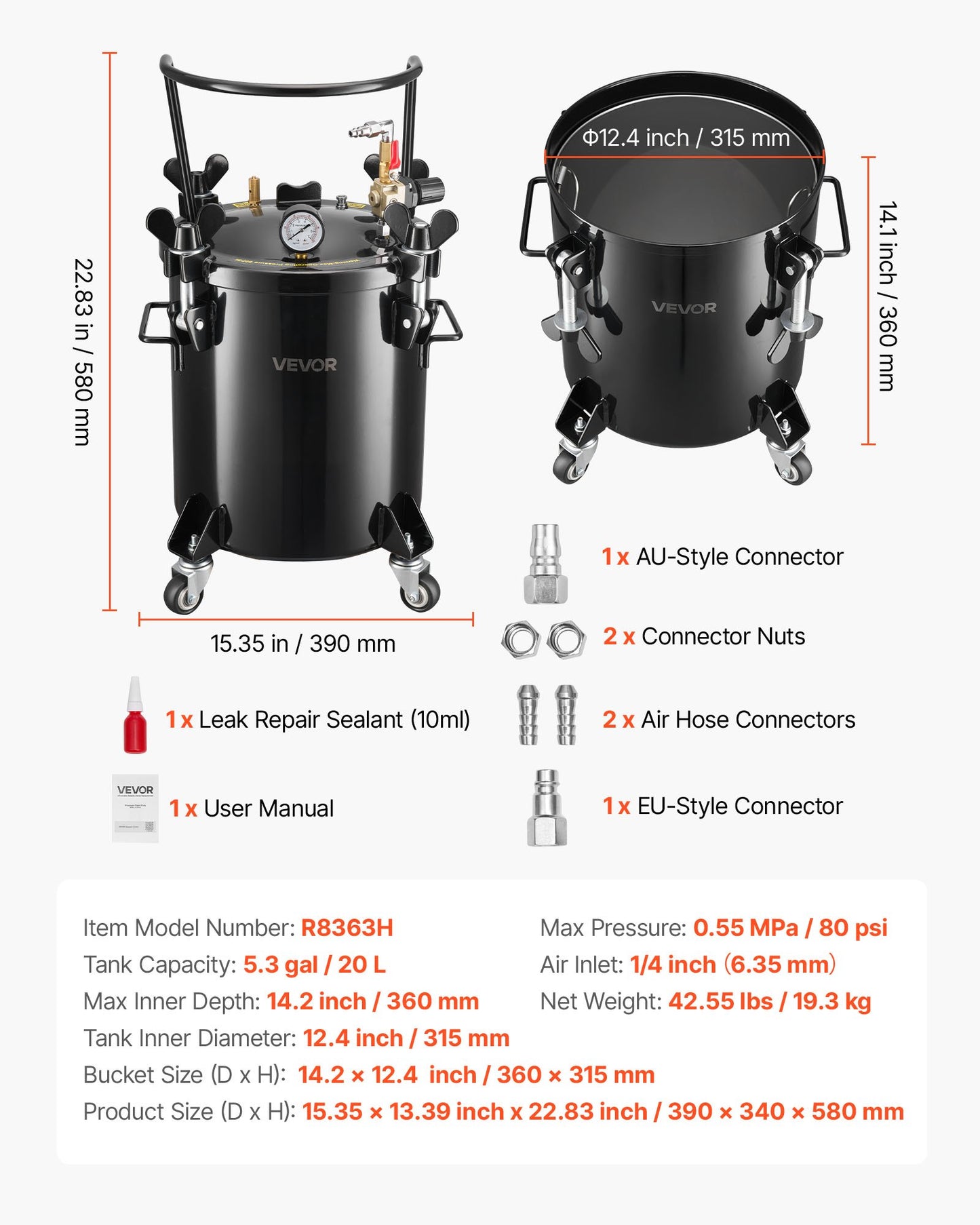 Tryckbehållare för färg, 20 l kraftig tryckbehållare i stål, sprayfärgsbehållare med tre snabbkopplingar för hemmabruk, gör-det-själv, konstskapelser, tankar med stor diameter