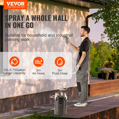 Tryckbehållare för sprayfärg, 15 l/3,75 gallon tryckbehållare, 60 psi justerbart tryck, tryckbehållare i stål med sprutpistol, slangar, tryckmätare, för heminredning och industrimålning