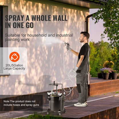 Spray Paint Pressure Pot, 20L/5gal Pressure Pot Tank, 70 psi Adjustale Pressure, Steel Pressure Pot Paint Tank with Casters and Leak Repair Sealant, for Home Decor and Industry Painting