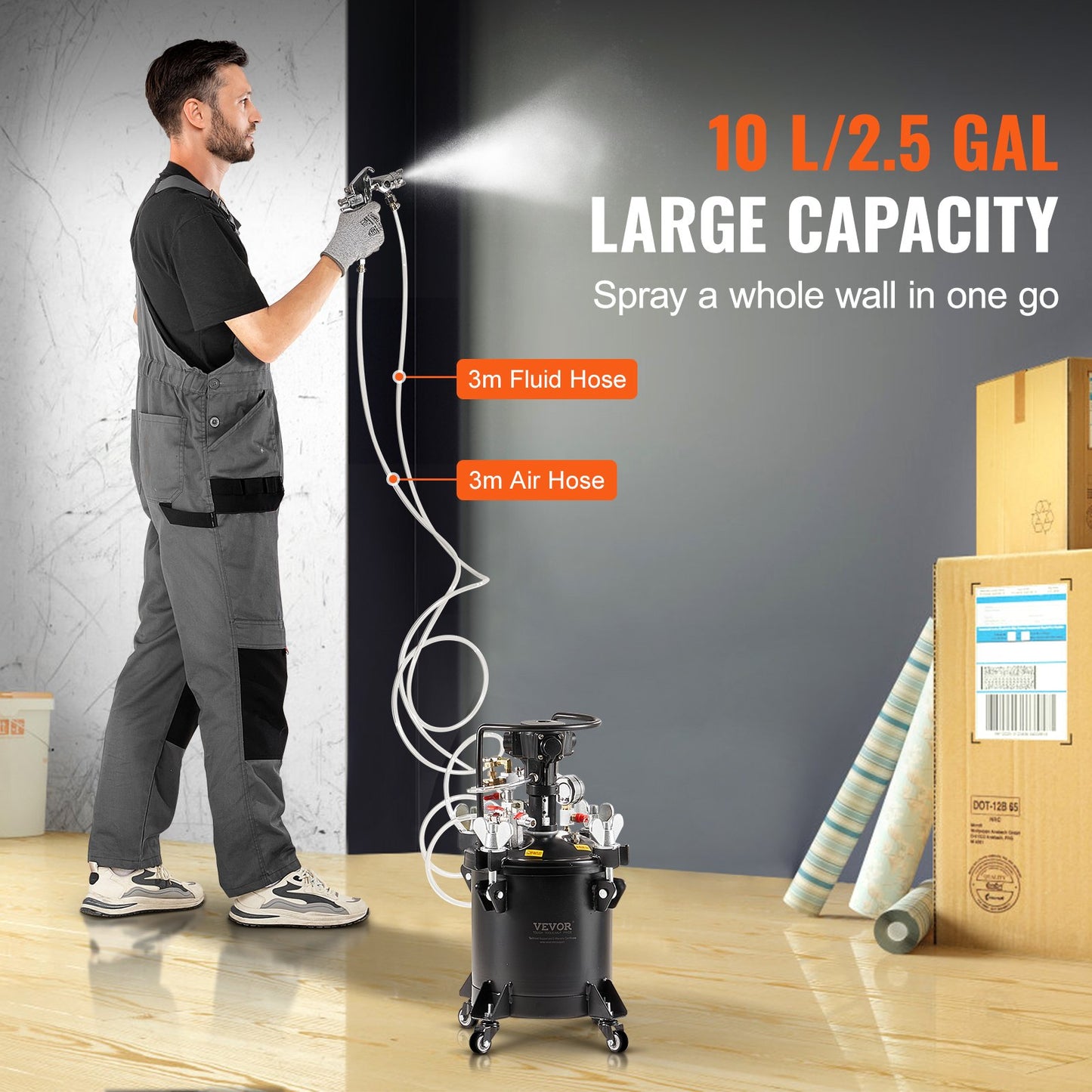 Spray Paint Pressure Pot, 10 L/2.5 gal Fully Automatic Stirring Pressure Pot Tank, 70 psi Adjustale Pressure, Pressure Pot Paint Tank with Spray Gun and Hoses, for Home Decor Industry Painting