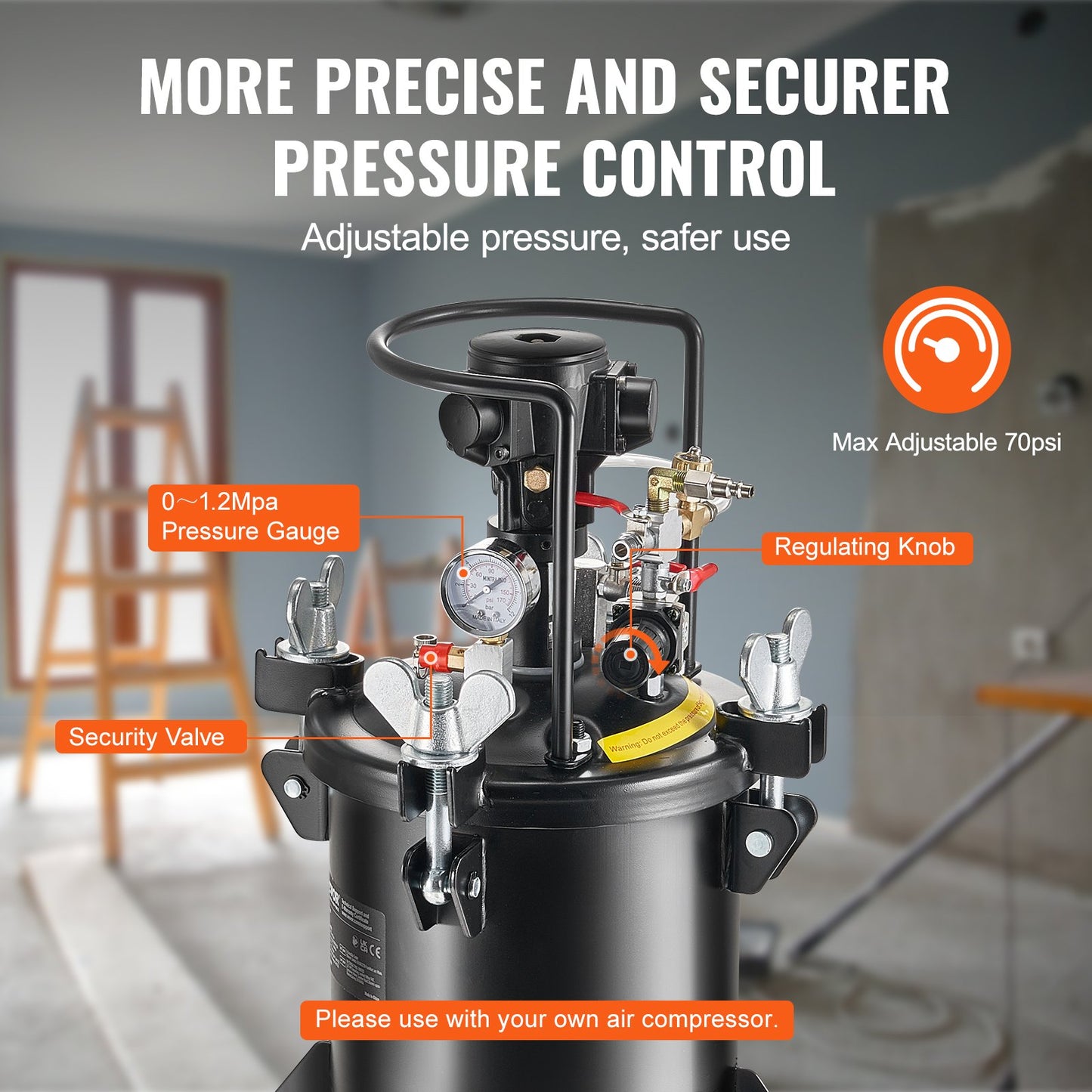 Spray Paint Pressure Pot, 10 L/2.5 gal Fully Automatic Stirring Pressure Pot Tank, 70 psi Adjustale Pressure, Pressure Pot Paint Tank with Spray Gun and Hoses, for Home Decor Industry Painting