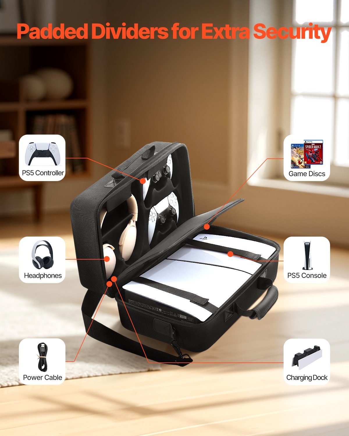 PS5 bärväska, reseväska för Playstation 5 Slim stötsäker EVA, mjukt innerfoder och vadderade avdelare för extra skydd, rymlig design med bärhandtag för förvaring, hem och fest