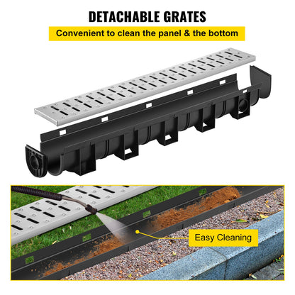 Trench Drain System, Channel Drain with Metal Grate, 150x130 mm HDPE Drainage Trench, Black Plastic Garage Floor Drain, 3x39 Trench Drain Grate, with 3 End Caps, for Garden, Driveway-3 Pack
