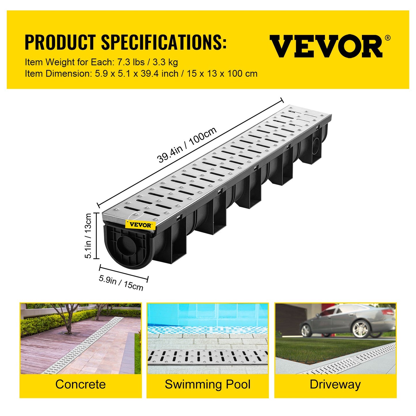 Trench Drain System, Channel Drain with Metal Grate, 150x130 mm HDPE Drainage Trench, Black Plastic Garage Floor Drain, 3x39 Trench Drain Grate, with 3 End Caps, for Garden, Driveway-3 Pack