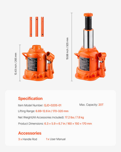 Hydraulic Bottle Jack, 20 Ton/44092 lbs Welded Bottle Jack with 6.69''-12.6'' Lifting Range & 3-Section Long Handle, for Car, Pickup, Truck, RV, Auto Repair, Industrial Engineering