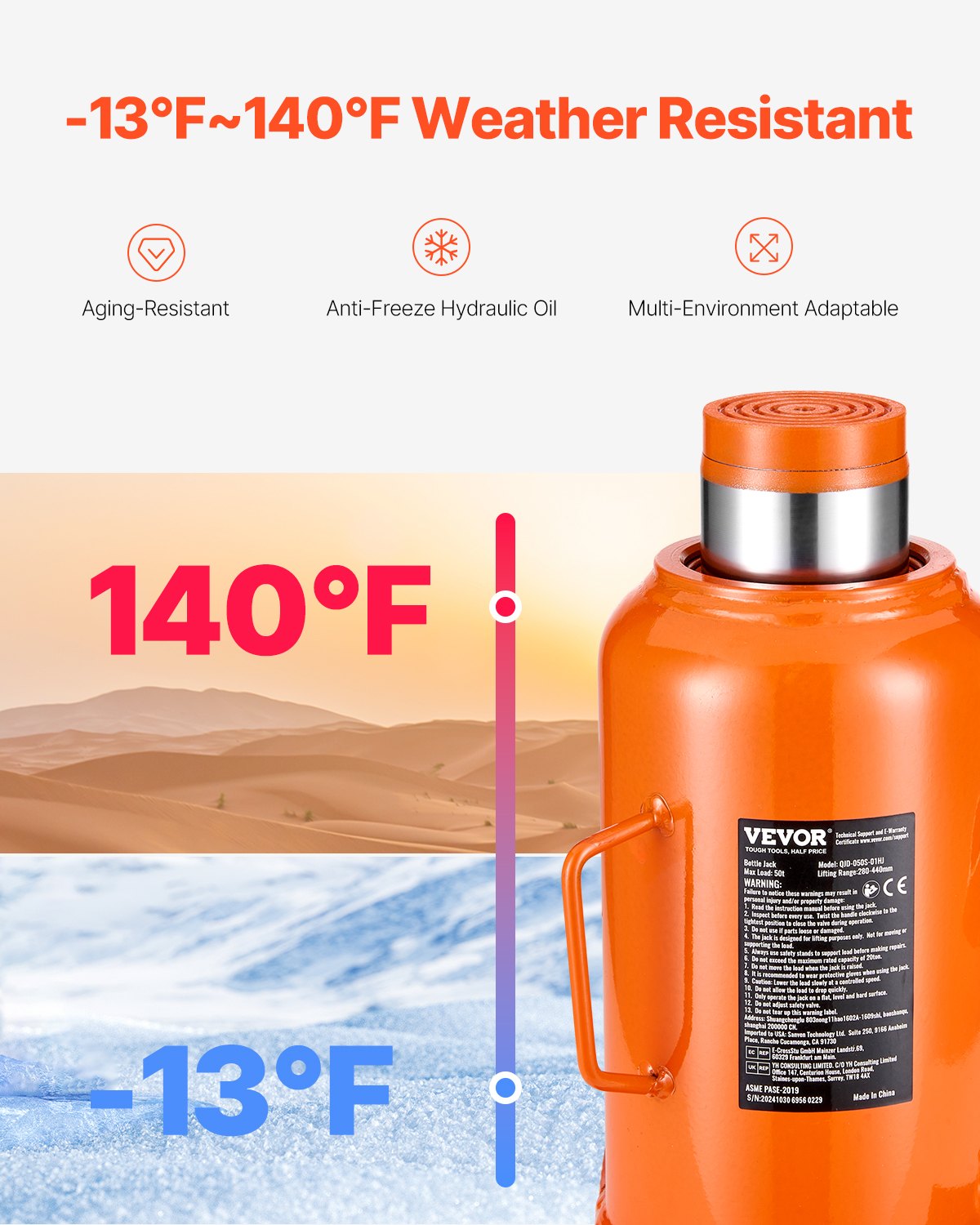 Hydraulisk flaskdomkraft, 50 ton/110231 lbs svetsad flaskdomkraft med 11''-17,32'' lyftområde och 3-delat långt handtag, för bil, pickup, lastbil, husbil, bilreparationer, industriteknik