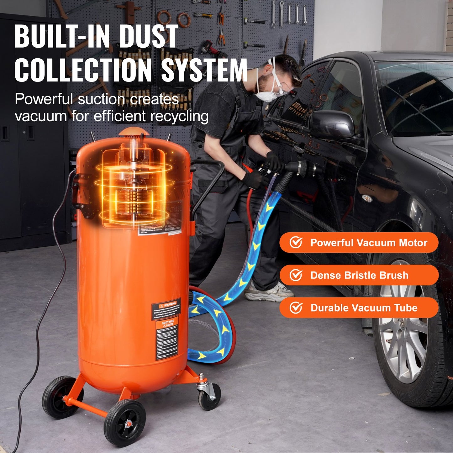 28 Gallon Vacuum Sand Blaster, Dustless Sandblaster with Built-in 1200W Vacuum System for Dust Control and Abrasive Recycle, 60-110 PSI Heavy Duty Abrasive Blasting Machine