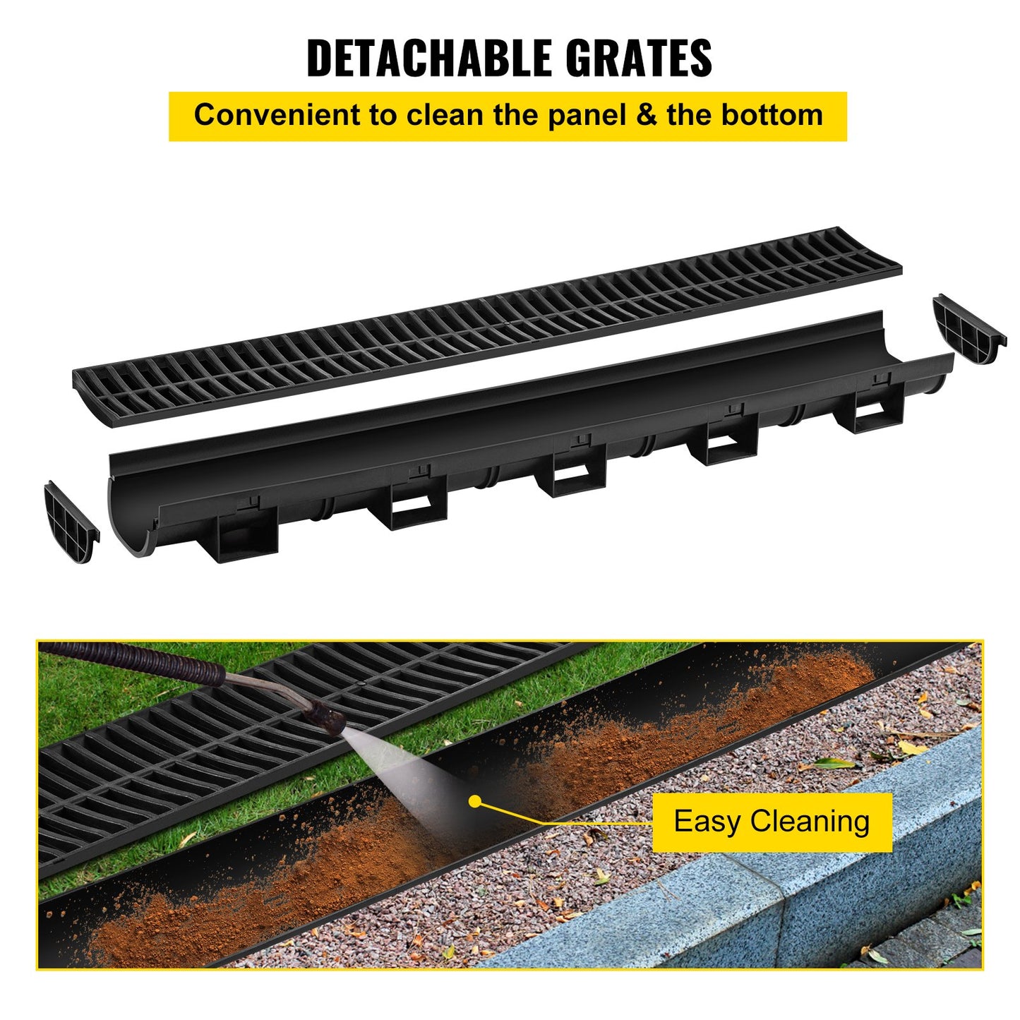 Trench Drain System, Channel Drain with Plastic Grate, 14.5 x 8cm HDPE Drainage Trench, Black Plastic Garage Floor Drain, 5x39 Trench Drain Grate, with 5 End Caps, for Garden, Driveway-5 Pack