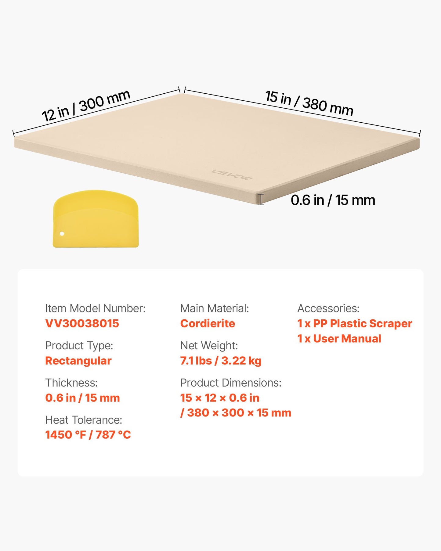 Pizza Stone, 38 x 30 cm Rectangular Cordierite Pizza Stone, Extra Large Baking-Stone with Scraper, 15 mm Thick Heat-Resistant Cordierite, for Kitchen Oven, Baking Bread & Pizzas, BBQ Grilling