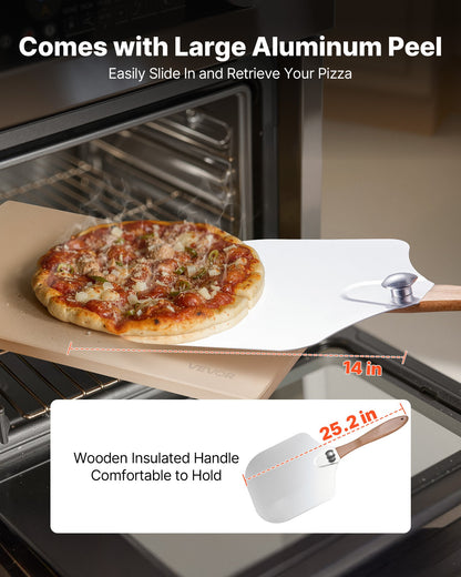 Pizza Stone, 508 x 355 mm Rectangular Cordierite Pizza Stone, Extra Large Baking-Stone with Aluminum Peel, 15 mm Thick Heat-Resistant Cordierite, for Oven, Baking Bread & Pizzas, BBQ Grilling