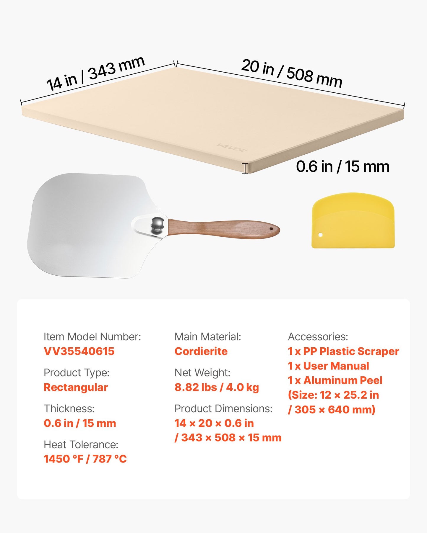 Pizza Stone, 508 x 355 mm Rectangular Cordierite Pizza Stone, Extra Large Baking-Stone with Aluminum Peel, 15 mm Thick Heat-Resistant Cordierite, for Oven, Baking Bread & Pizzas, BBQ Grilling