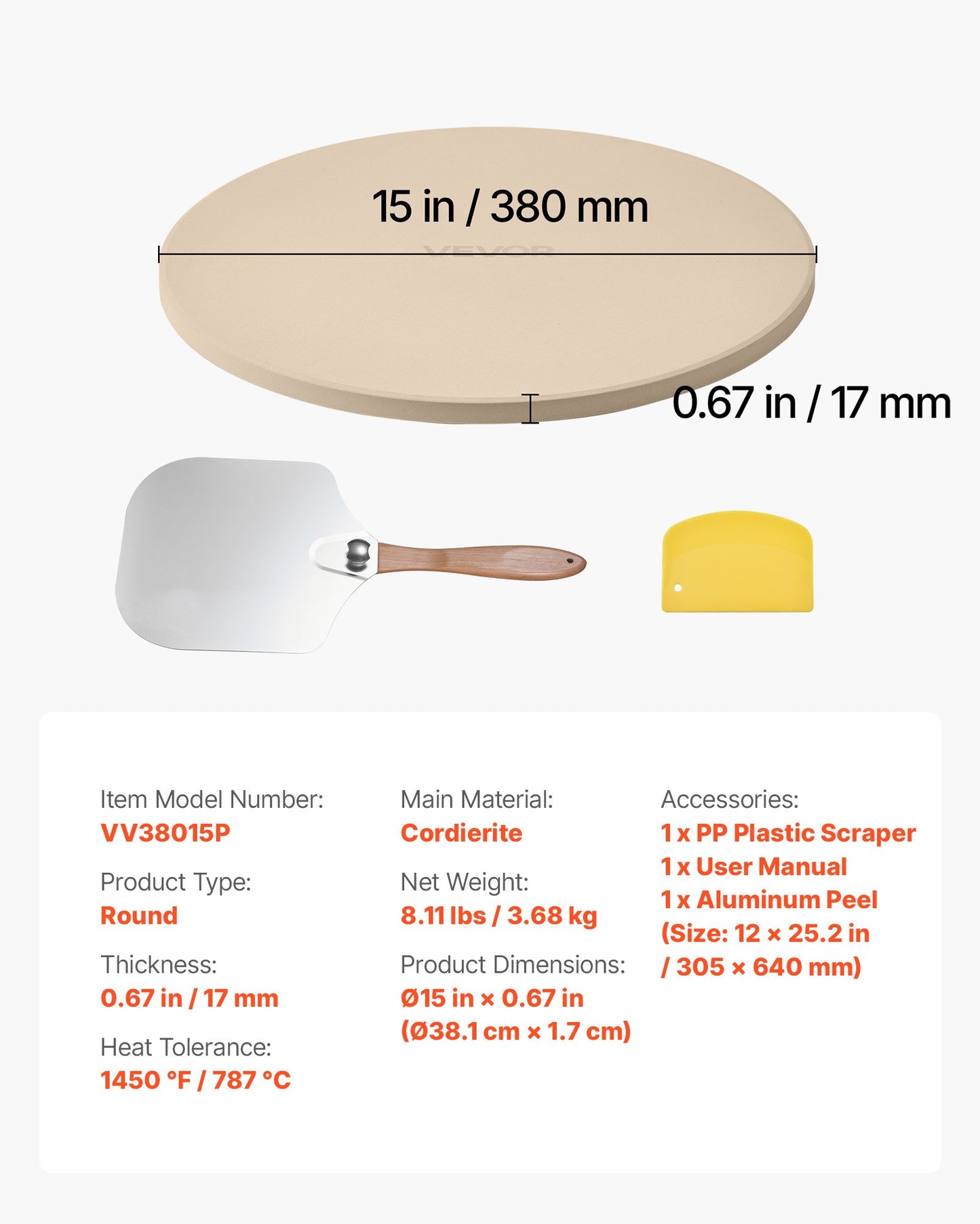 Pizza Stone, 381 mm Round Cordierite Pizza Stone, Extra Large Baking-Stone with Aluminum Peel, 17 mm Thickness Heat-Resistant Cooking Cordierite, for Kitchen Oven, Baking Pizzas, BBQ Grilling