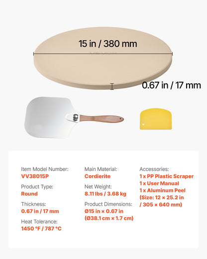 Pizza Stone, 381 mm Round Cordierite Pizza Stone, Extra Large Baking-Stone with Aluminum Peel, 17 mm Thickness Heat-Resistant Cooking Cordierite, for Kitchen Oven, Baking Pizzas, BBQ Grilling