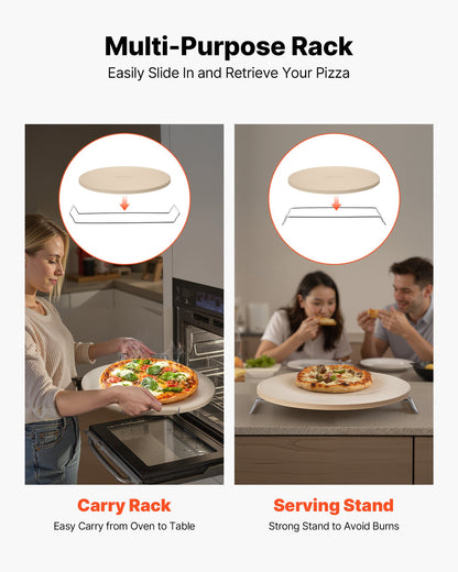 Pizza Stone, 406 mm Round Cordierite Pizza Stone, Extra Large Baking-Stone with a Durable Stand, 17 mm Thickness Heat-Resistant Cooking Cordierite, for Kitchen Oven, Baking Pizzas, BBQ Grilling