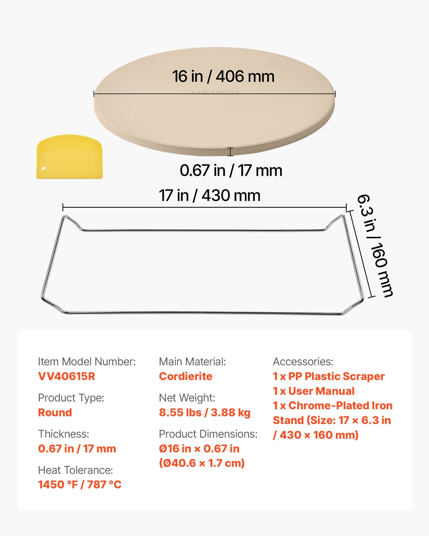 Pizza Stone, 406 mm Round Cordierite Pizza Stone, Extra Large Baking-Stone with a Durable Stand, 17 mm Thickness Heat-Resistant Cooking Cordierite, for Kitchen Oven, Baking Pizzas, BBQ Grilling