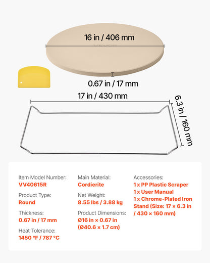 Pizza Stone, 406 mm Round Cordierite Pizza Stone, Extra Large Baking-Stone with a Durable Stand, 17 mm Thickness Heat-Resistant Cooking Cordierite, for Kitchen Oven, Baking Pizzas, BBQ Grilling