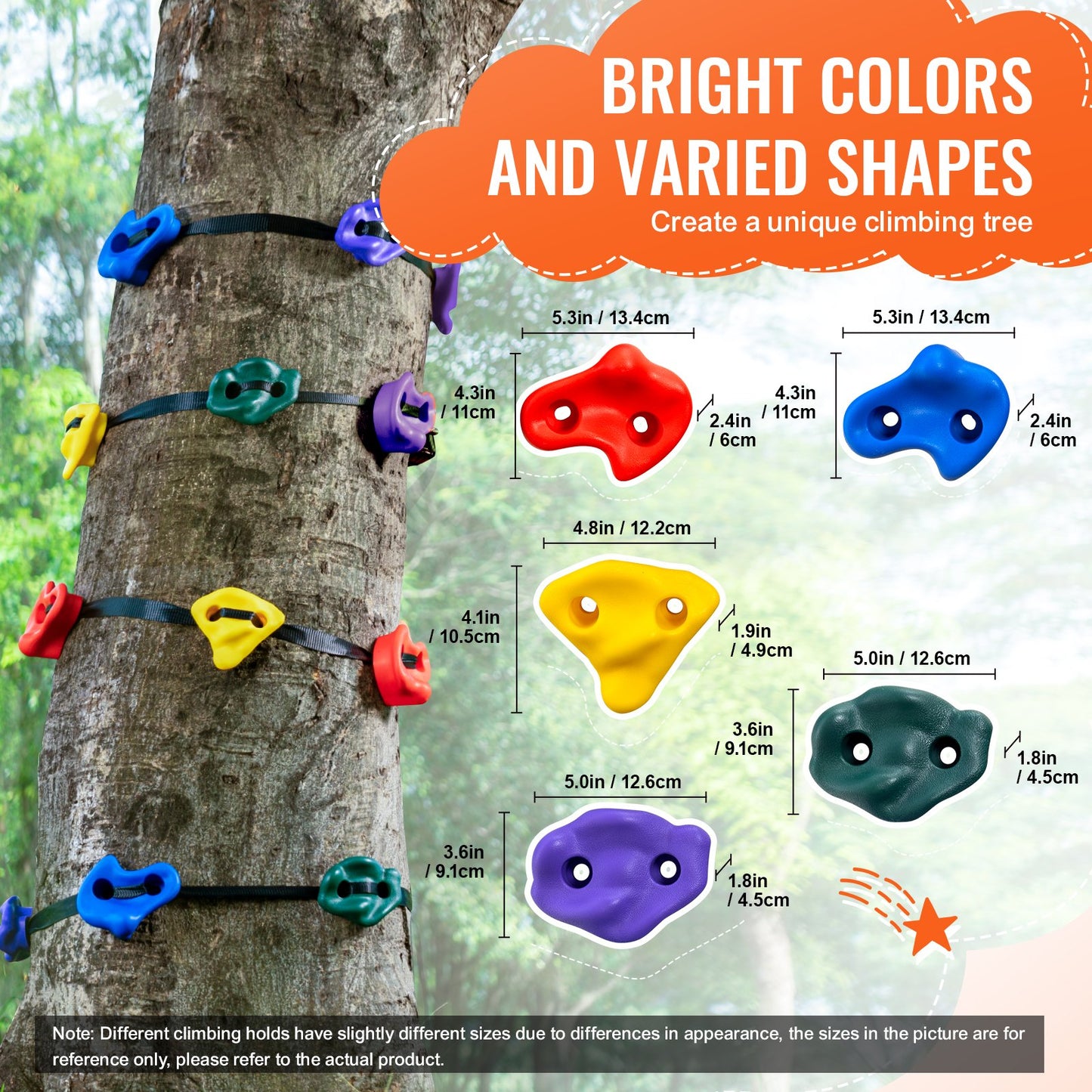 Ninja trädklättersats, 12 trädklättergrepp, 6 spärrremmar och en klätterstege, klätterstenar för barn och vuxna, olika färger och former, för utomhusninjakrigare