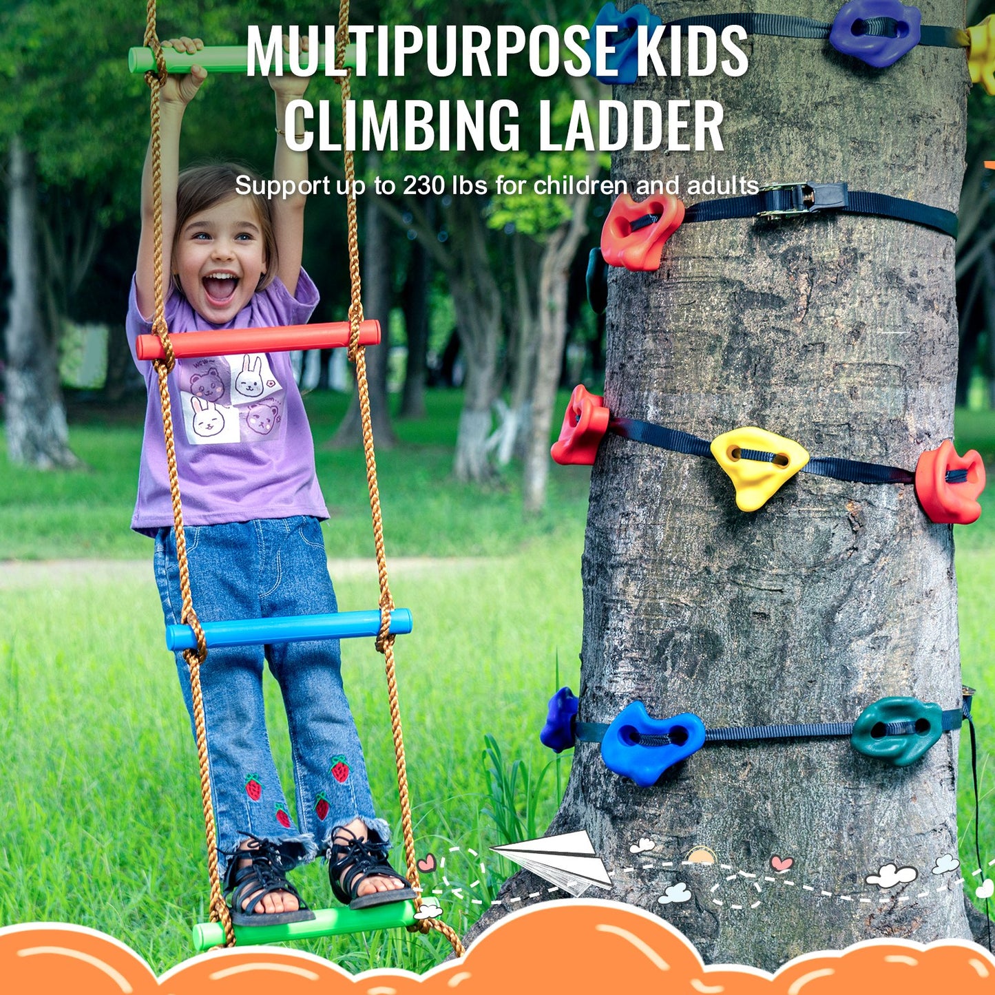 Ninja trädklättersats, 12 trädklättergrepp, 6 spärrremmar och en klätterstege, klätterstenar för barn och vuxna, olika färger och former, för utomhusninjakrigare