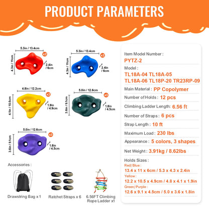 Ninja trädklättersats, 12 trädklättergrepp, 6 spärrremmar och en klätterstege, klätterstenar för barn och vuxna, olika färger och former, för utomhusninjakrigare