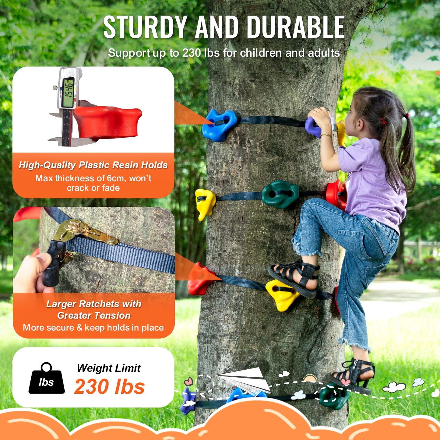Ninja Tree Climbing Kit, 12 Tree Climbing Holds and 6 Ratchet Straps, Large Climbing Rocks for Kids and Adults Climber, Various Colors and Shapes, for Outdoor Ninja Warrior Obstacle Training